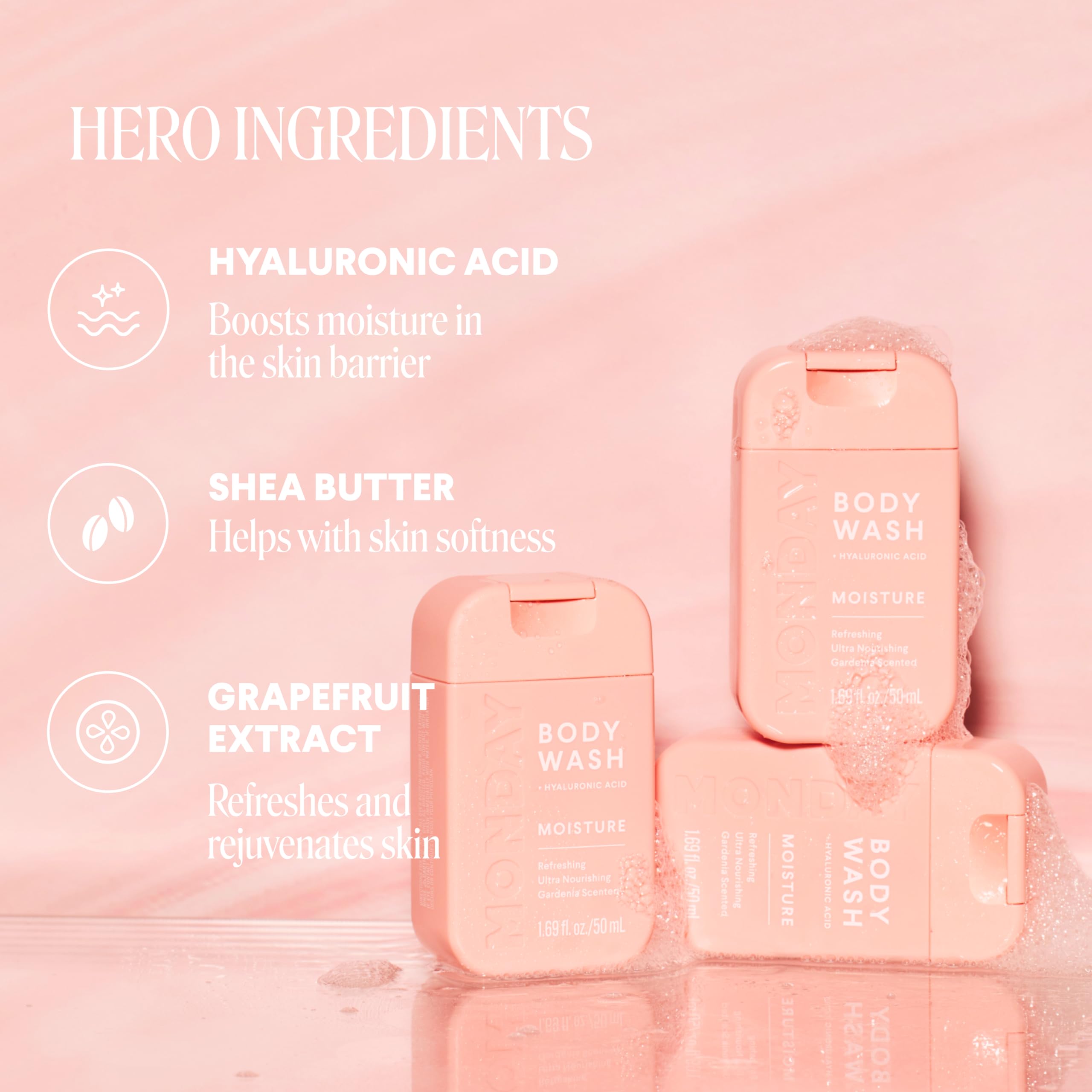 MONDAY Body Wash Moisture Travel Pack -50ML (4 Pack) - Nourishing Ingredients, Shea Butter, Coconut Oil and Grapefruit Extract, Hyrdrate and Replenish Skin - Image 4
