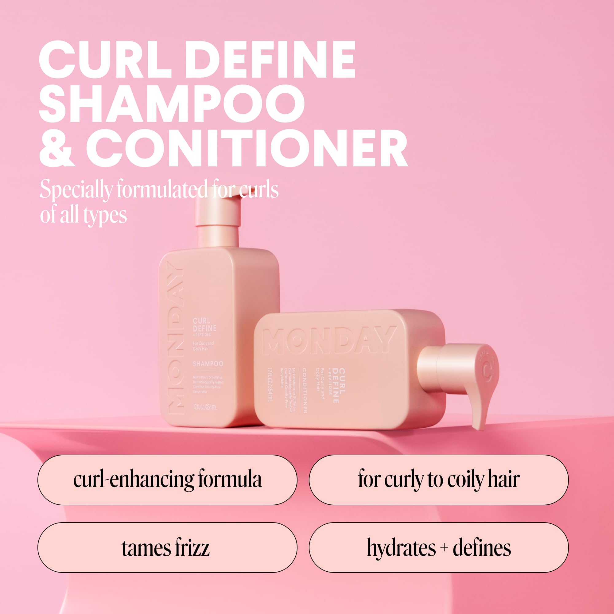 MONDAY HAIRCARE Curl Define Shampoo + Conditioner Set (2 Count) 12 oz Each Nourishes Curls, Tames Frizz, Coconut Oil and Shea Butter Enhance Shine, 100% Recyclable Bottle - Image 3