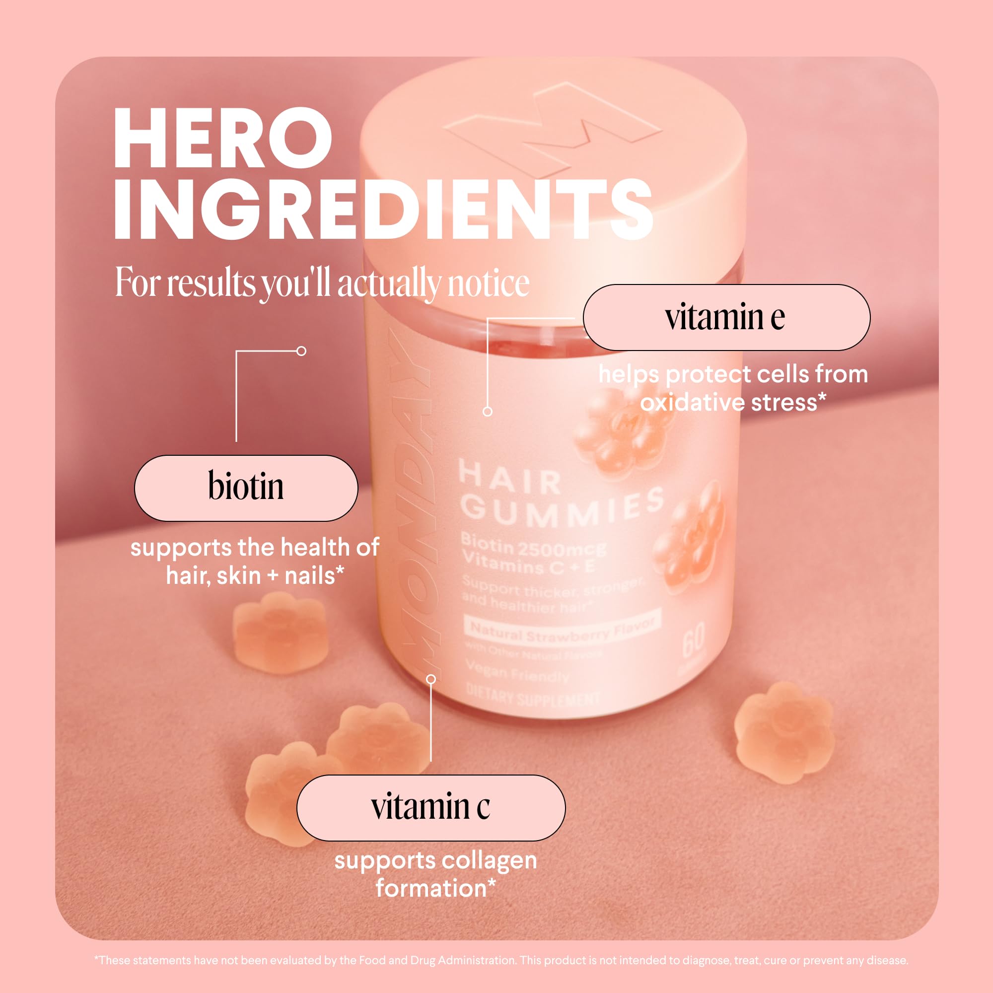 MONDAY HAIRCARE Hair Gummies with 2500 mcg Biotin, Vitamin C & Vitiman E for Thicker, Stronger and Healthier Hair 60ct - Image 4