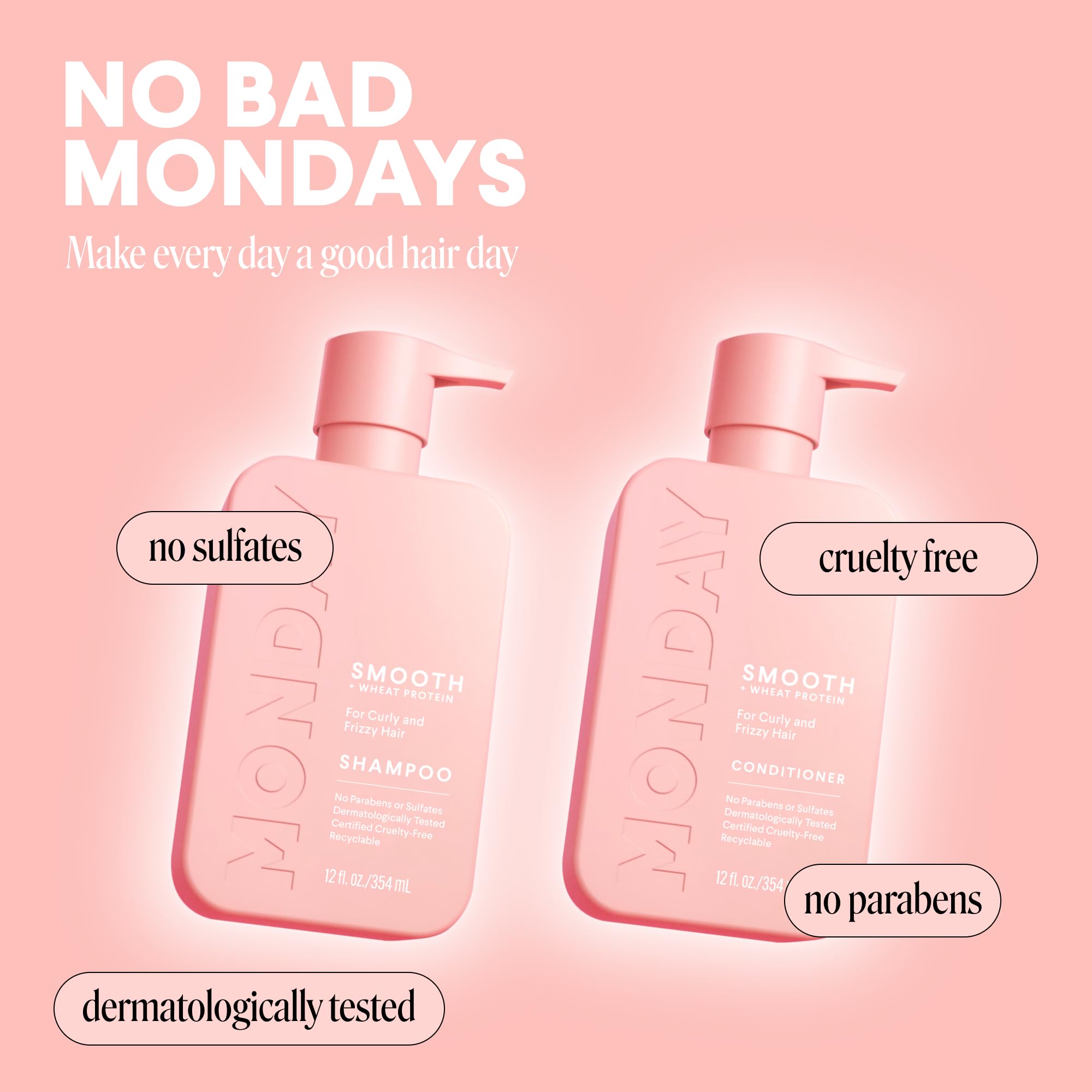 MONDAY HAIRCARE Smooth Shampoo + Conditioner Bathroom Set (2 Count) 12 oz Each For Frizzy, Coarse & Curly Hair Made with Coconut Oil, Shea Butter & Vitamin E 100% Recyclable Bottle Pink - Image 6