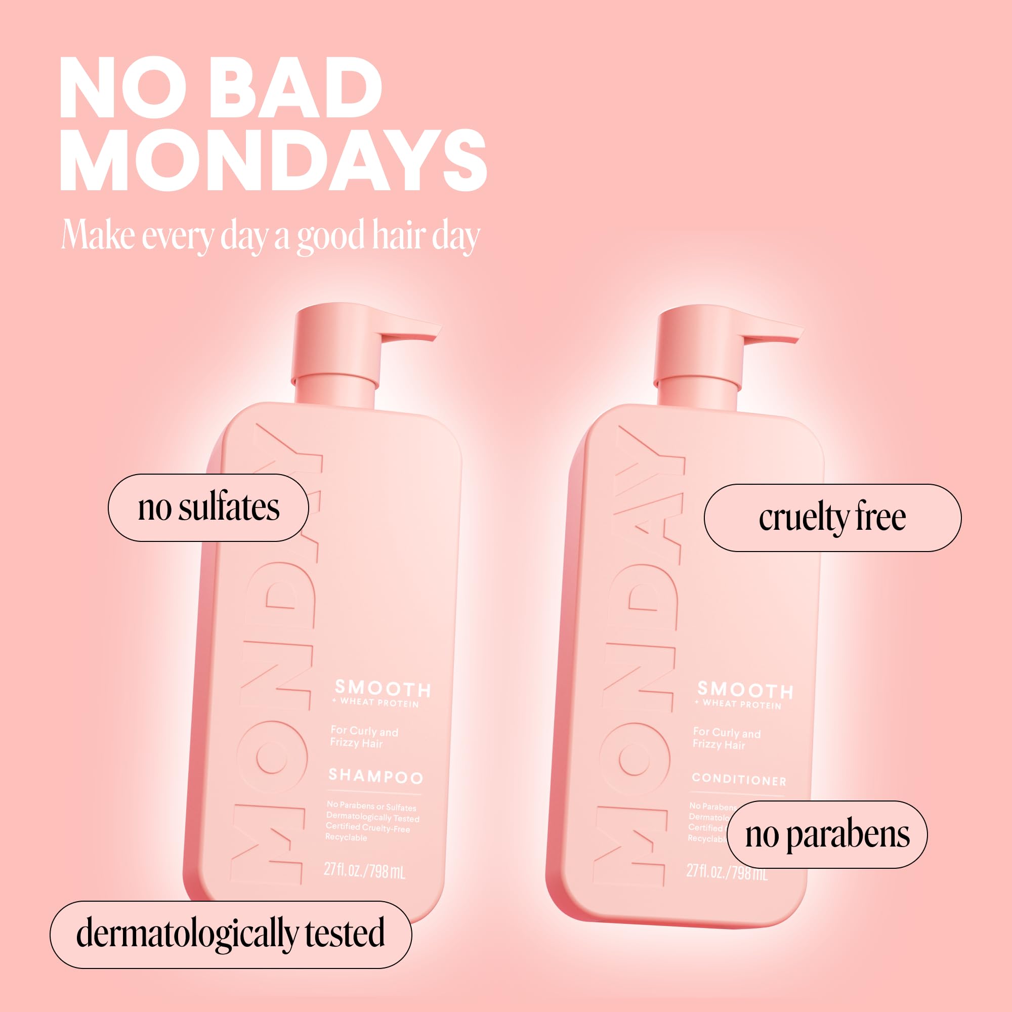 MONDAY HAIRCARE Smooth Shampoo + Conditioner Bathroom Set (2 Count) 27 oz Each For Frizzy, Coarse & Curly Hair Made with Coconut Oil, Shea Butter & Vitamin E 100% Recyclable Bottle Pink - Image 7